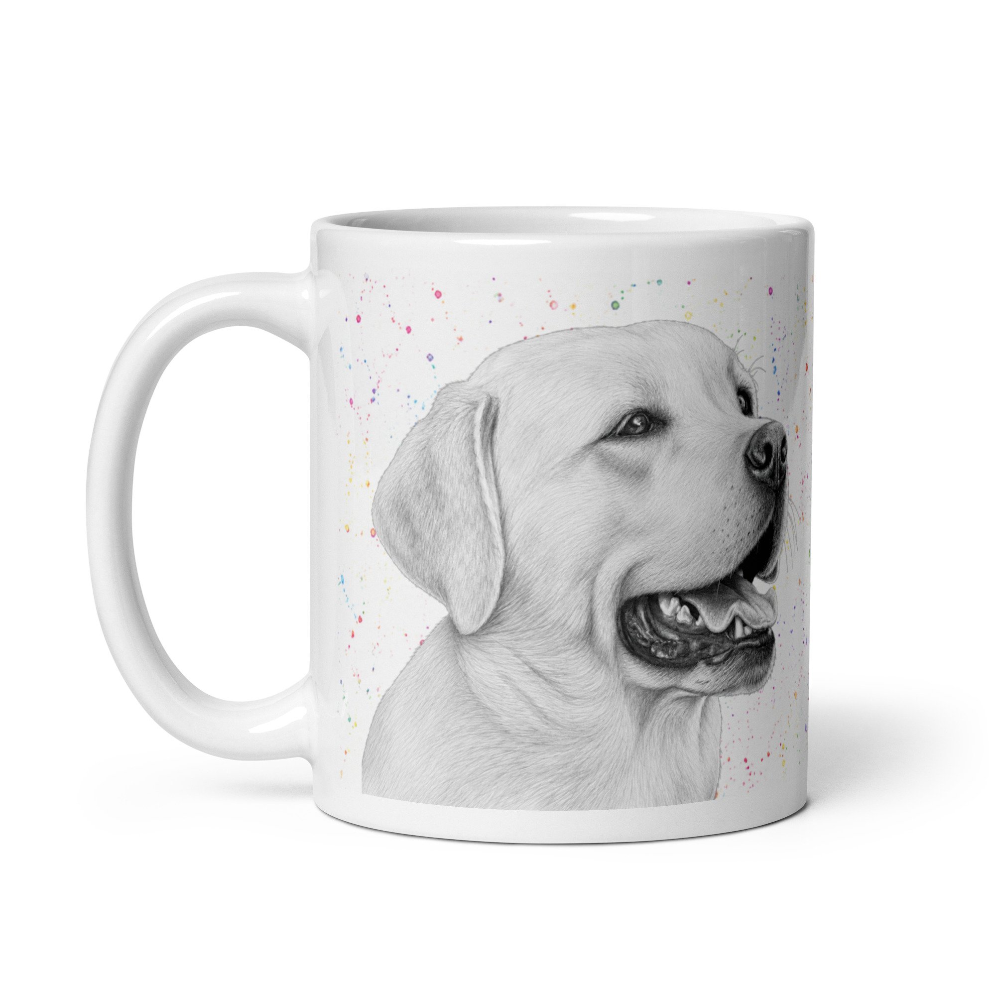 Glossy ceramic Labrador mug with original artwork by Matt Lloyd and an artistic multicoloured fleck background, perfect for dog lovers.