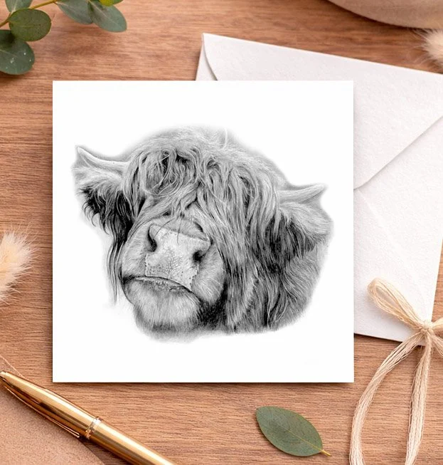 Highland Cow greeting card featuring original animal artwork by Matthew Lloyd Art