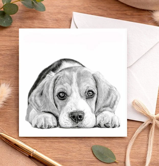 Beagle greeting card featuring original dog artwork by UK artist Matt Lloyd on a luxury square card.