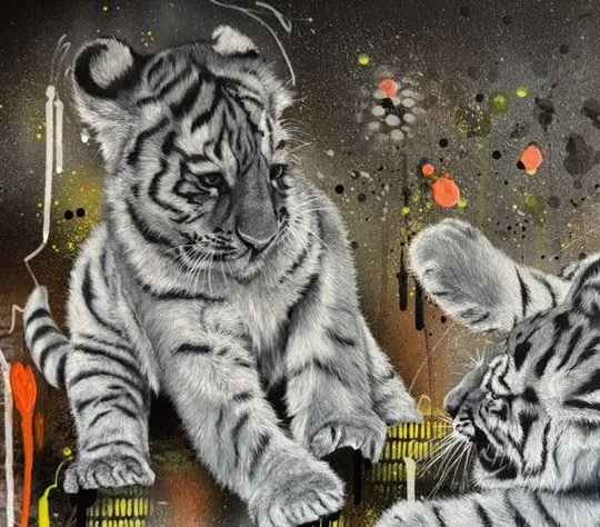 Close-up detail of the tiger cub acrylic painting showing fine fur detail, expressive black and white wildlife artwork and textured abstract background.