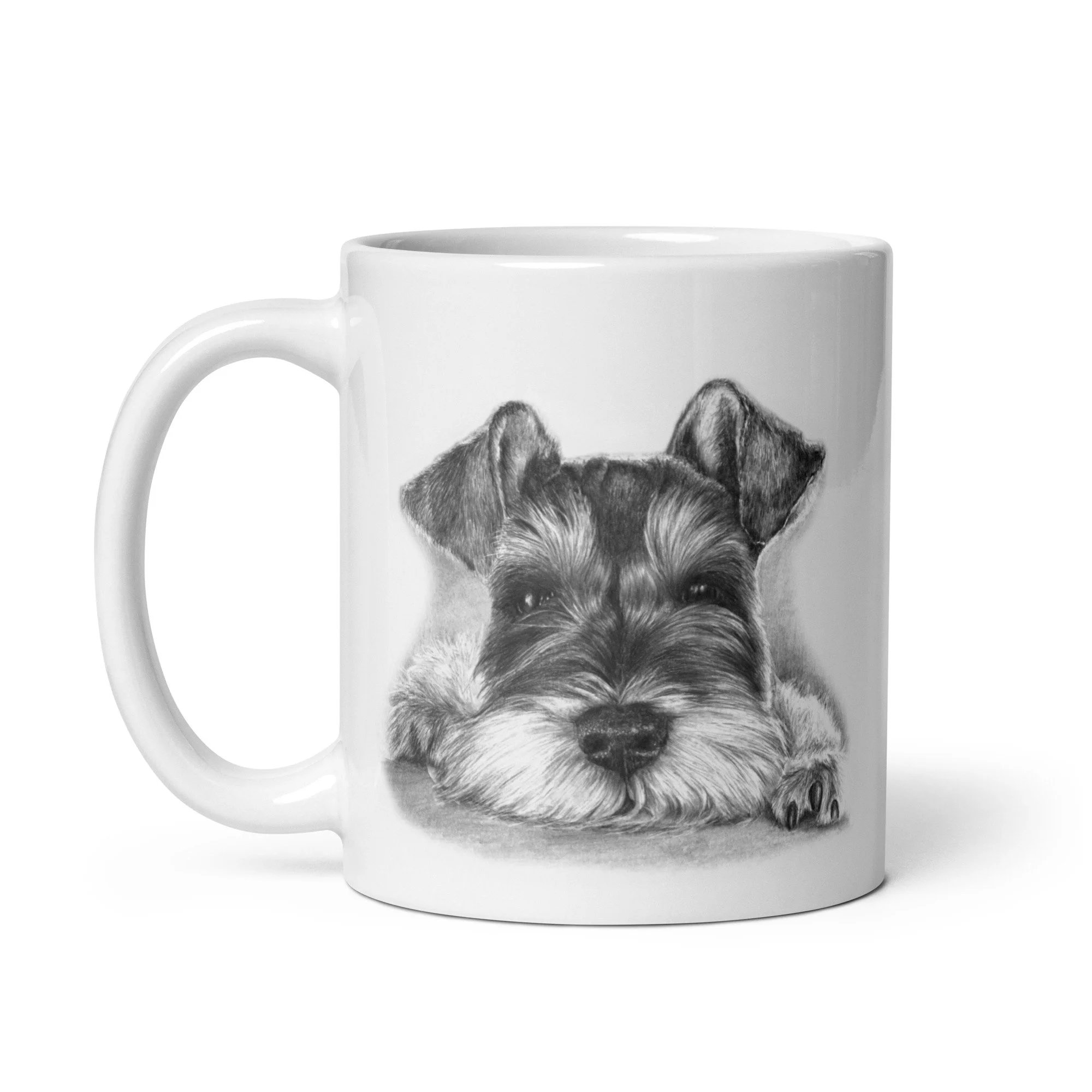 Dog-themed ceramic mug featuring Miniature Schnauzer artwork by Matt Lloyd, suitable for coffee, tea, or hot chocolate.