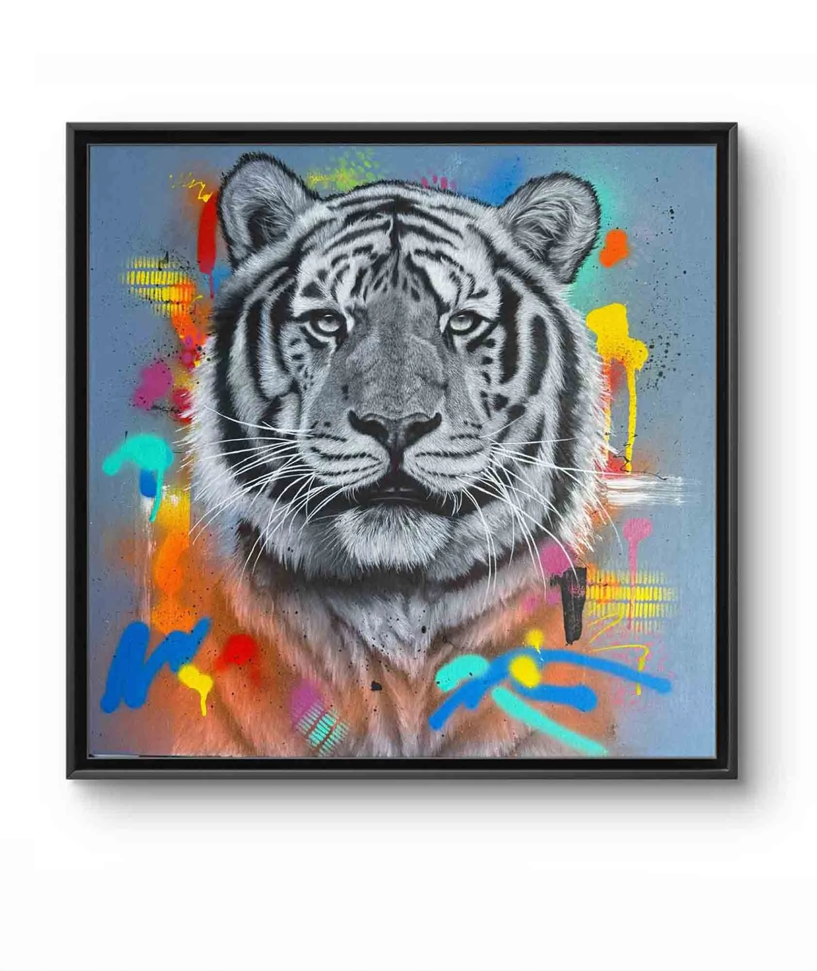 Original black-and-white tiger acrylic painting with a vibrant colour background by UK animal artist Matthew Lloyd.