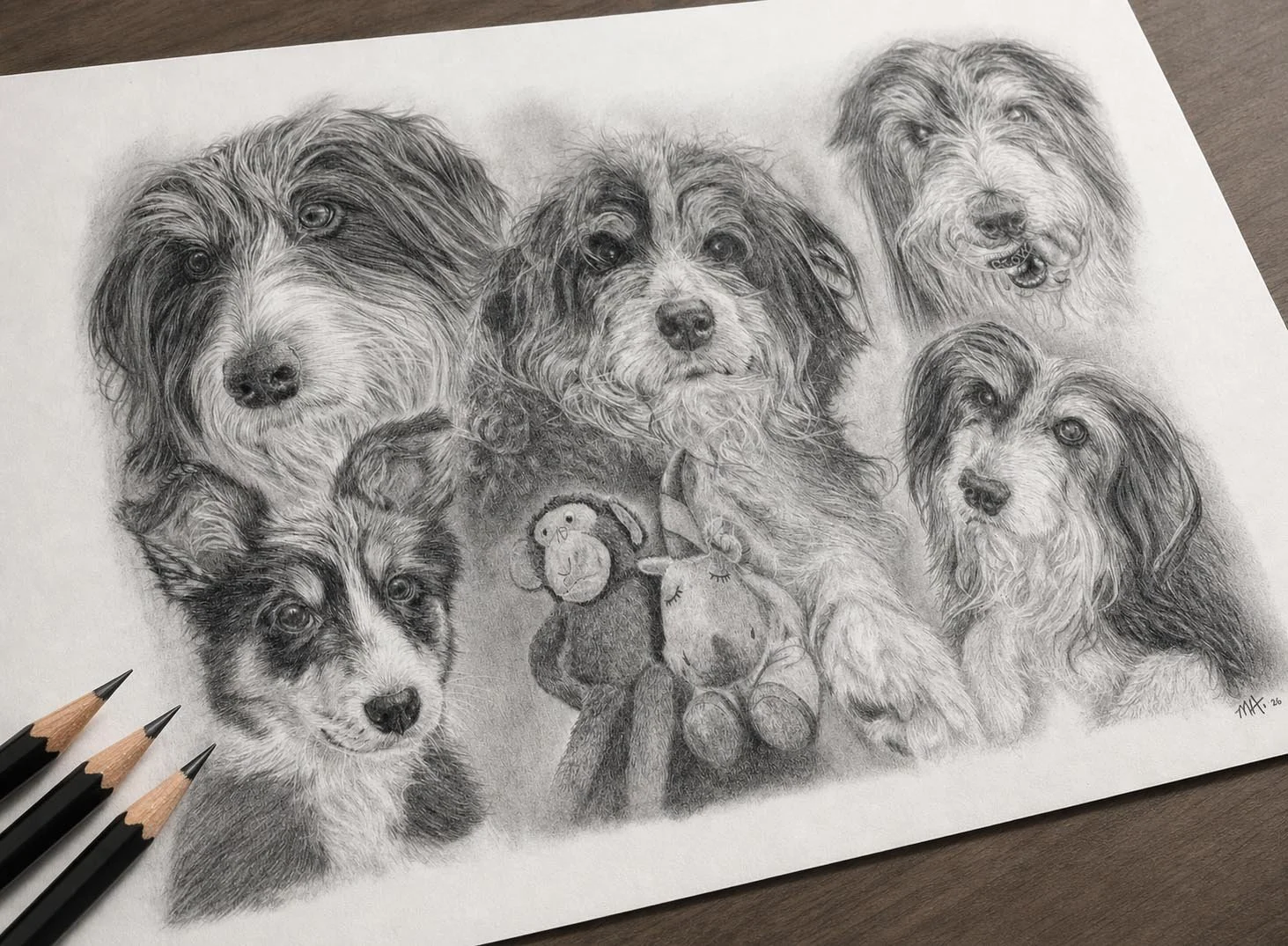 Custom lifestory pet portrait showing a dog with favorite toys and memories drawn from multiple photos