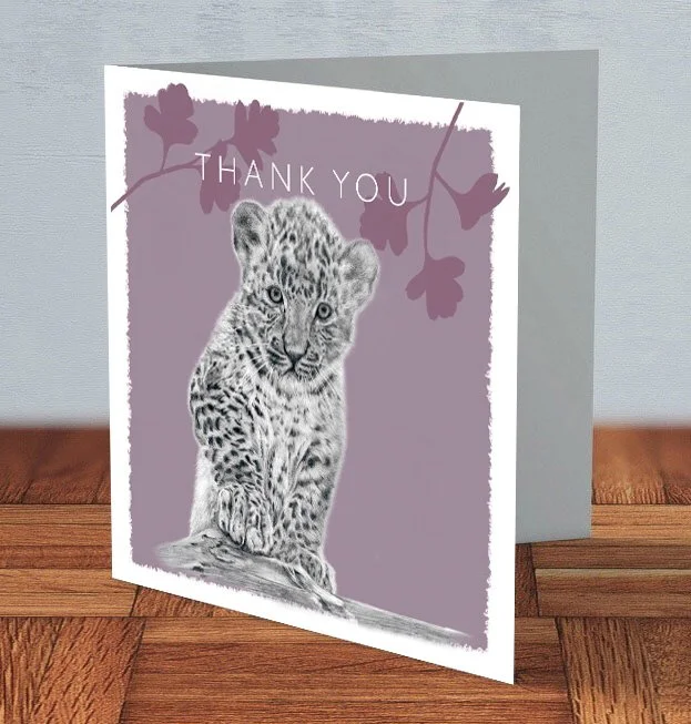 Leopard cub wildlife thank you card featuring original pencil portrait by Matt Lloyd, printed on premium card with Kraft envelope and free UK postage