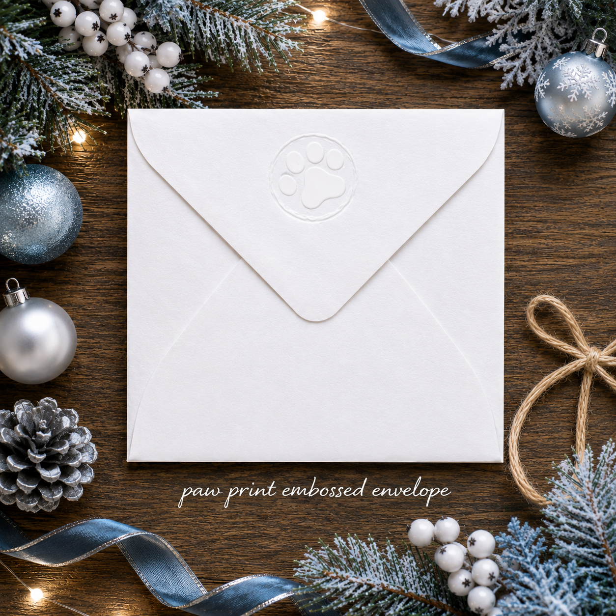 White envelope with embossed paw print supplied with English Bull Terrier Christmas card