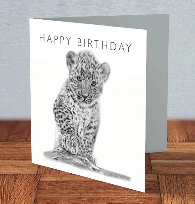 Leopard cub wildlife birthday card featuring original pencil portrait by Matt Lloyd, printed on premium card with Kraft envelope and free UK postage