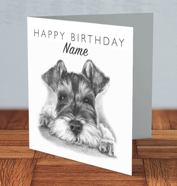 Personalised Schnauzer Birthday card 15cm x 15cm, artwork by UK pet portrait artist Matt Lloyd