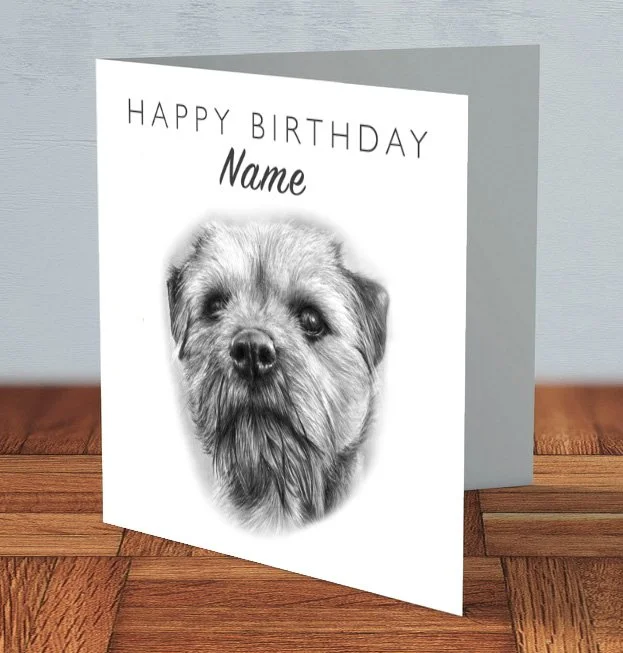 Border Terrier personalised birthday card 15cm x 15cm, artwork by UK pet portrait artist Matt Lloyd