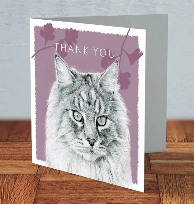 Thank You card featuring a hand-drawn illustration of a Maine Coon cat by UK artist Matthew Lloyd, showing the cat’s long fur, tufted ears, and gentle expression on the front.
