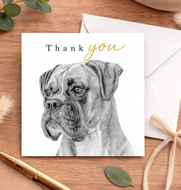 Boxer dog thank you card featuring a distinctive breed portrait by UK animal artist Matt Lloyd.