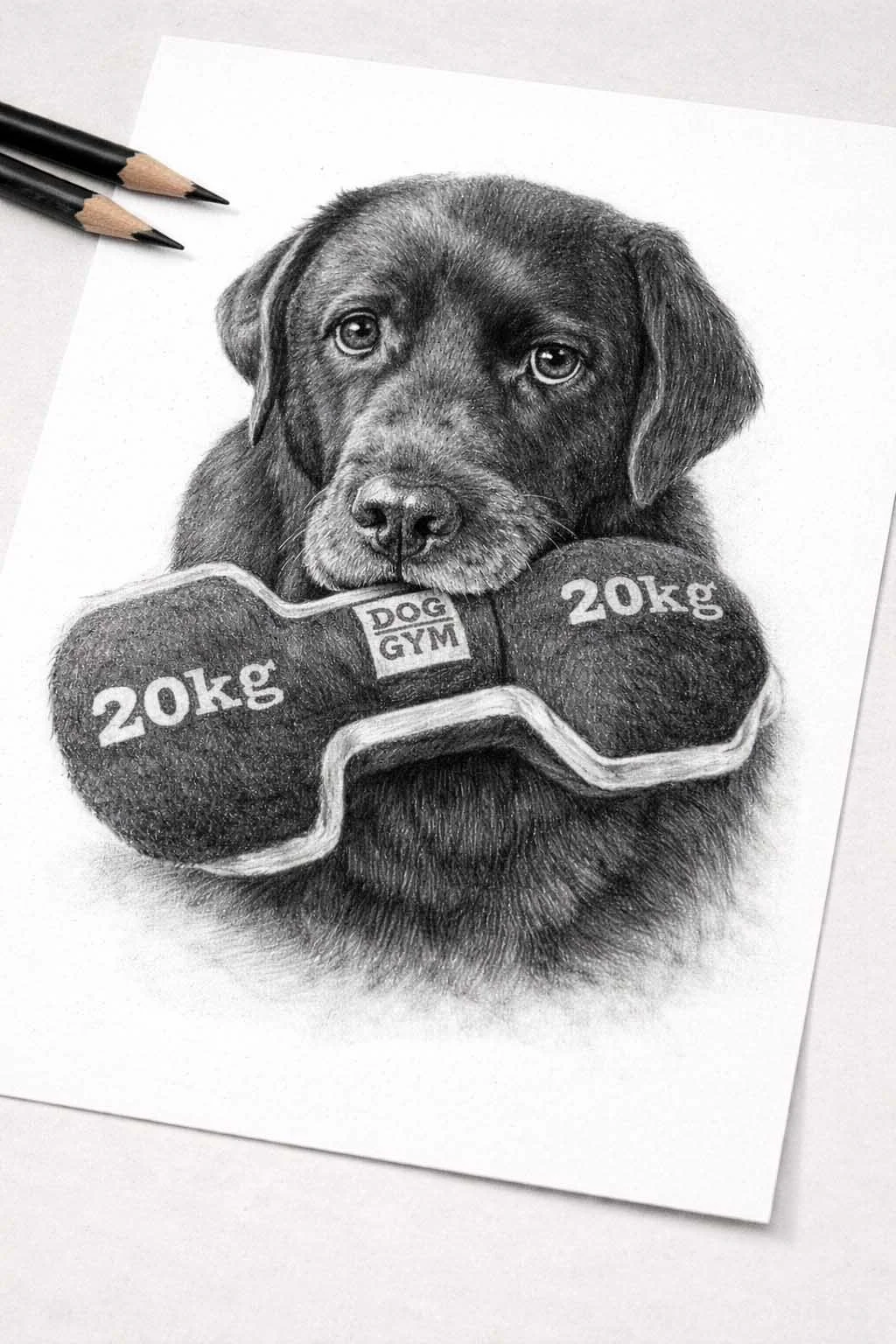 Black labrador holding favorite toy graphite pencil portrait by artist Matt Lloyd