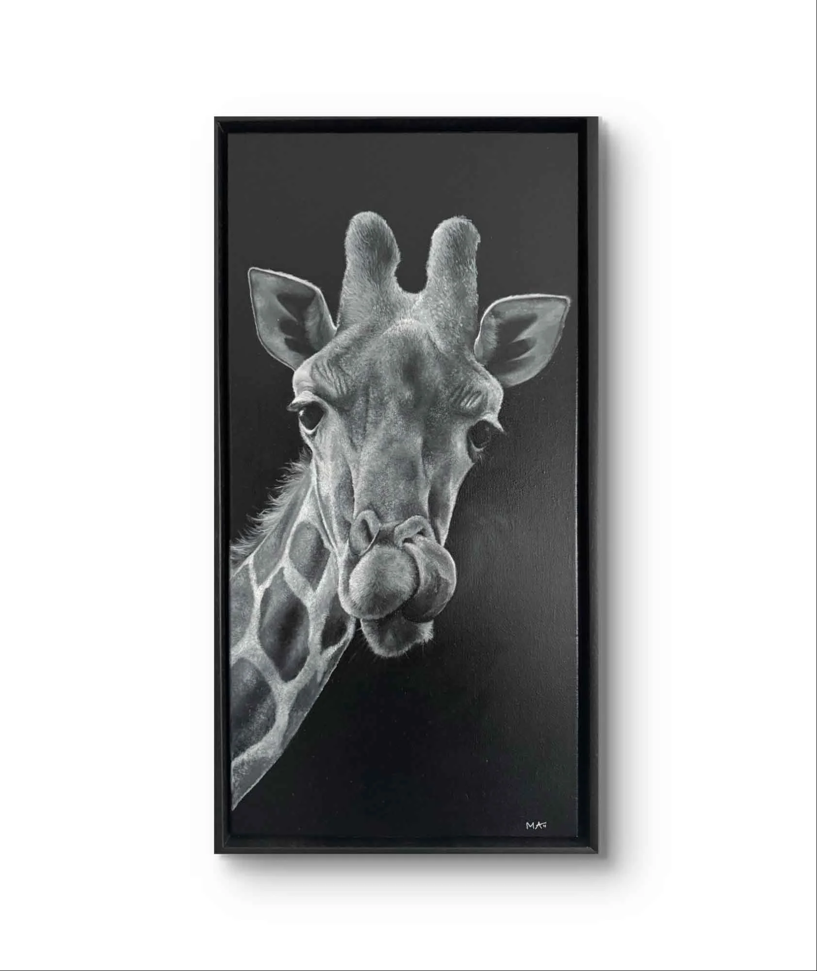 Giraffe "lick"- (framed) Original oil on canvas (24x12 inch)