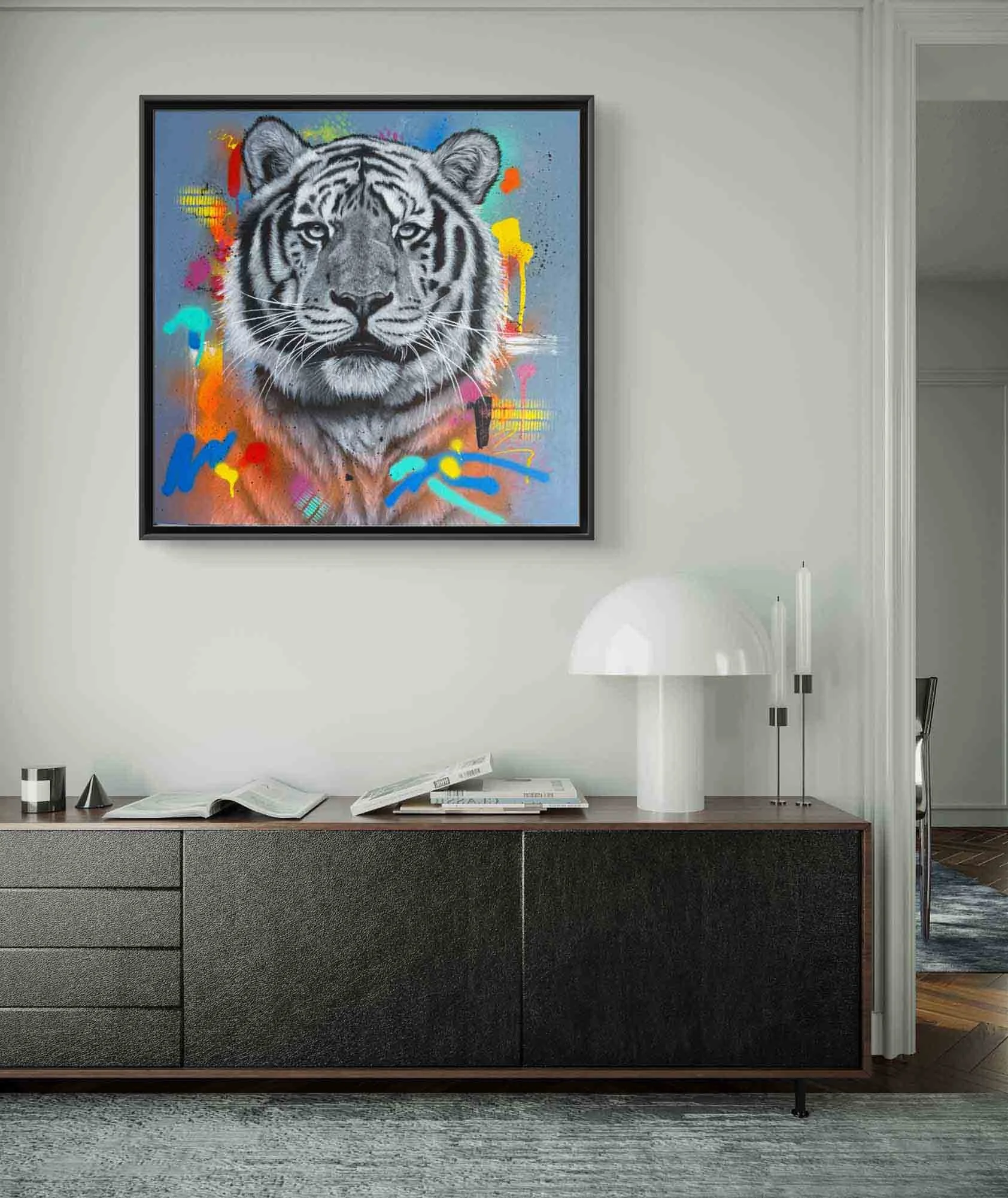 Tiger “Focus” original artwork featuring an intense monochrome tiger portrait on a colourful 24 × 24 inch canvas.