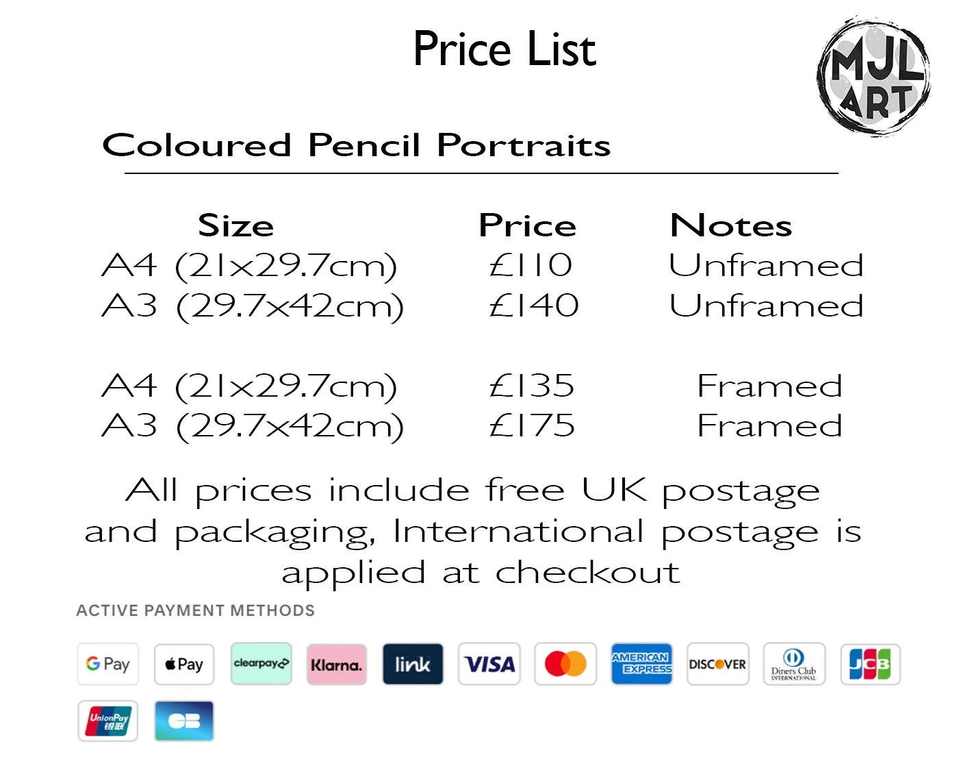 Price list for colour portraits