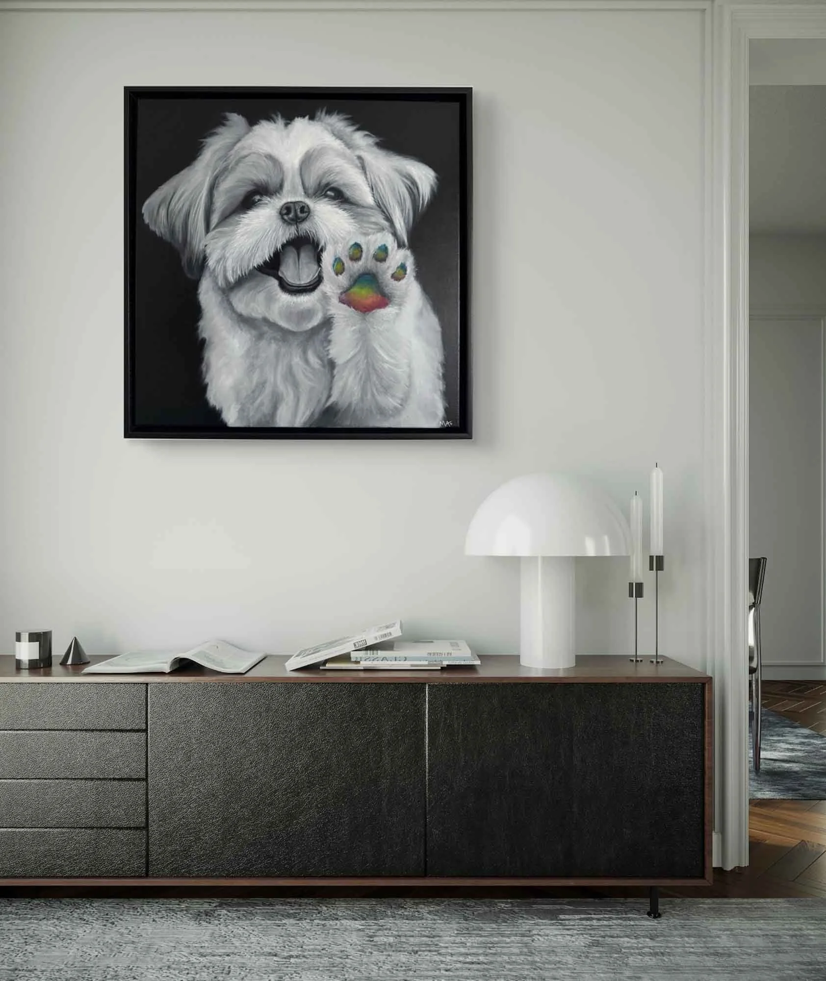Shih Tzu “Joyful” original artwork featuring a monochrome dog portrait and vibrant rainbow paw on a 20-inch canvas.