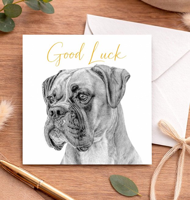 Boxer dog good luck card featuring an alert expression and original animal artwork by Matt Lloyd.