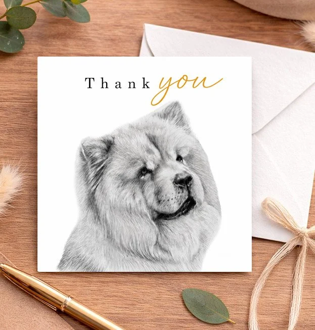 Chow Chow thank you card featuring detailed original dog artwork by UK artist Matthew Lloyd on a luxury square greeting card.