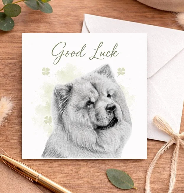 Chow Chow good luck card featuring detailed original dog artwork by UK artist Matthew Lloyd on a luxury square greeting card.
