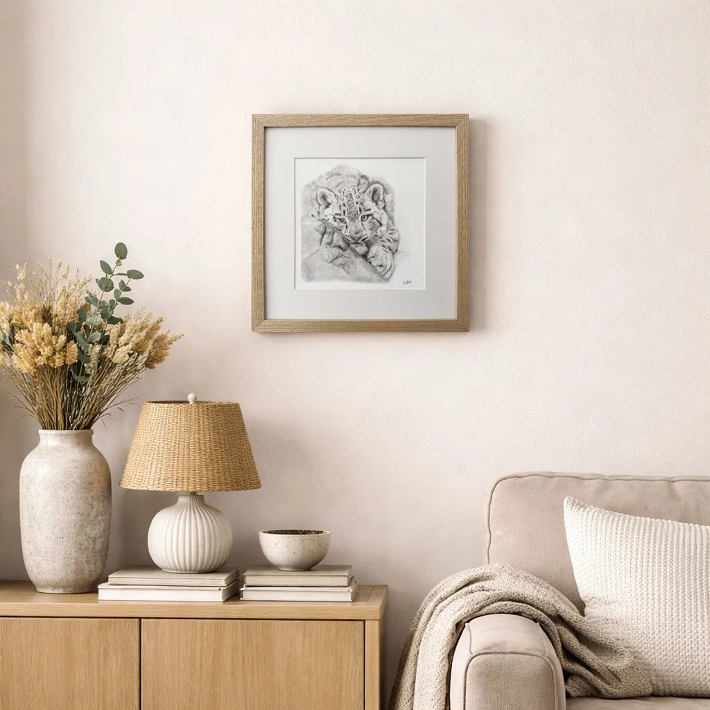 Snow Leopard household view of print from original graphite pencil drawing by UK wildlife artist Matt Lloyd.jpg