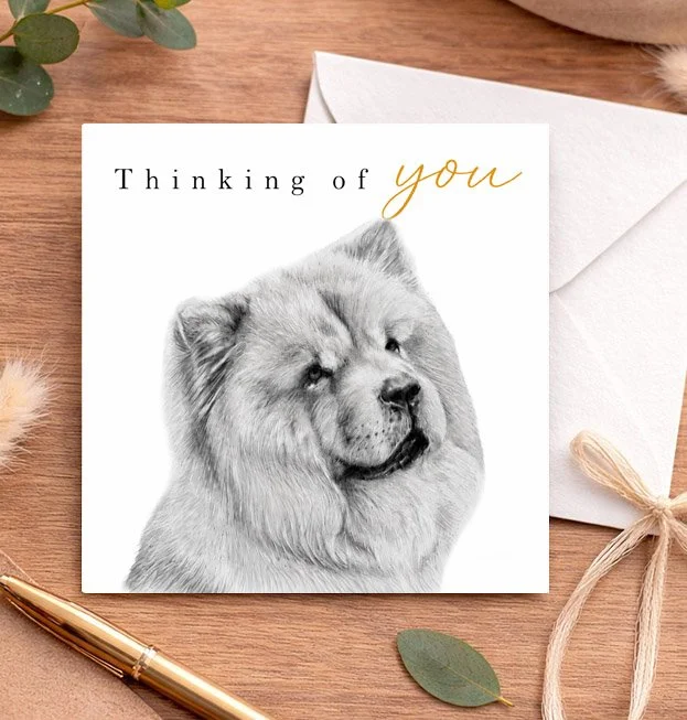 Chow Chow thinking of you card featuring original dog artwork by UK artist Matthew Lloyd on a luxury square greeting card.