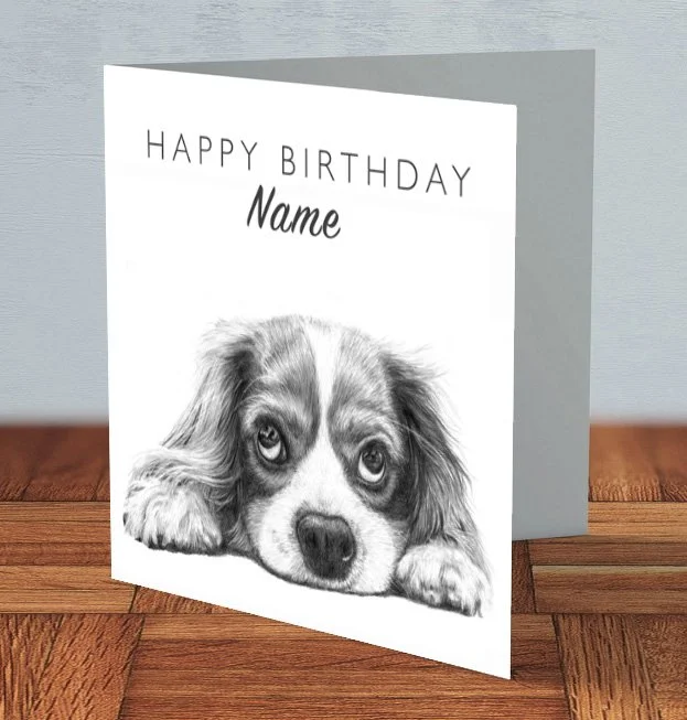Cavalier King Charles Spaniel Personalised Birthday card 15cm x 15cm, artwork by UK pet portrait artist Matt Lloyd