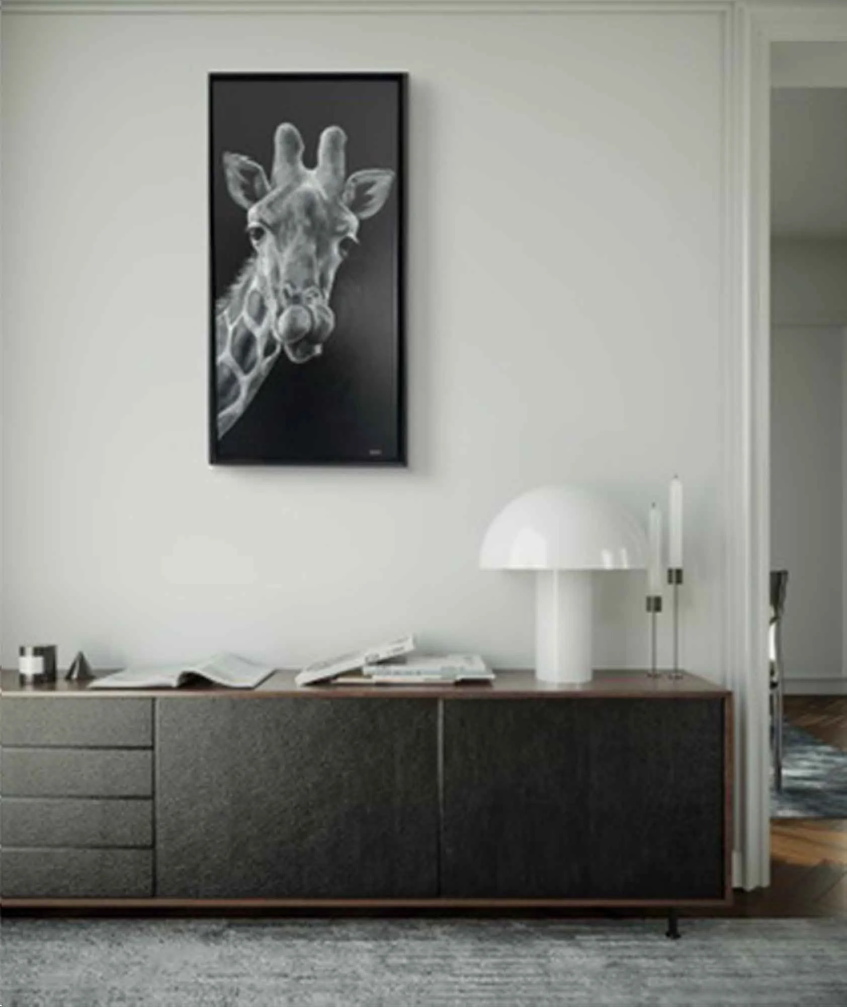 Giraffe “Lick” original artwork showing a playful giraffe mid-lick on a 24 × 12 inch canvas.