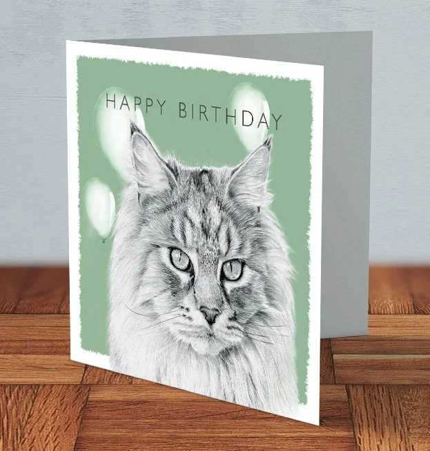 Birthday card featuring a hand-drawn illustration of a Maine Coon cat by UK artist Matthew Lloyd, showing the cat’s thick fur and alert expression on the front.