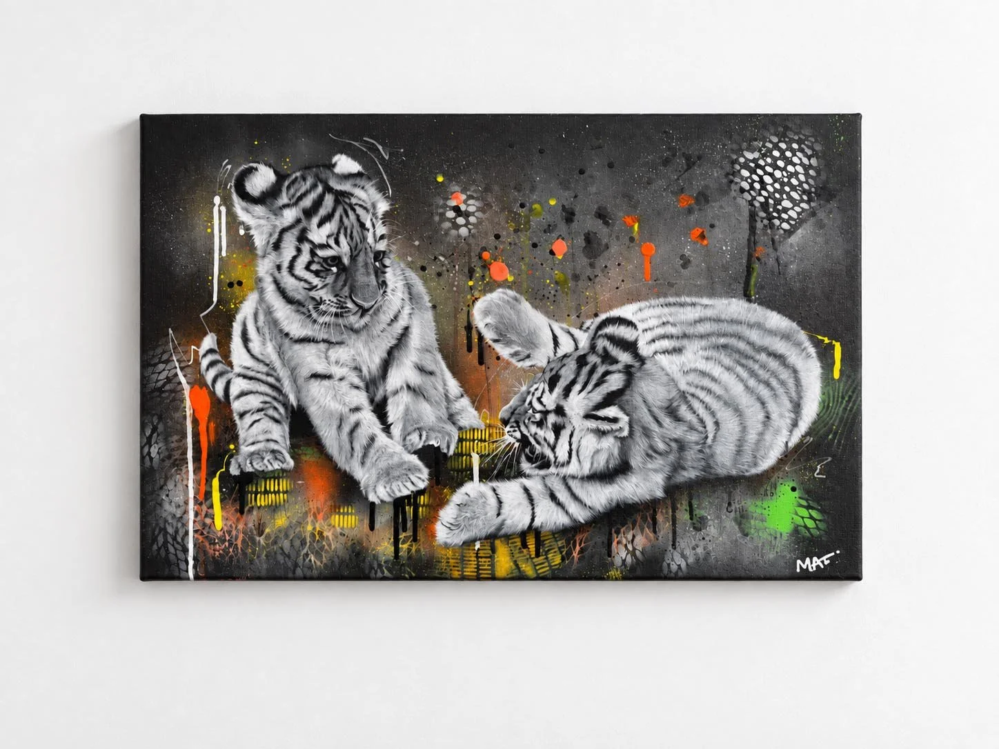 Original acrylic painting of two tiger cubs in detailed black and white with a vibrant orange, yellow and green abstract background by Matthew Lloyd.