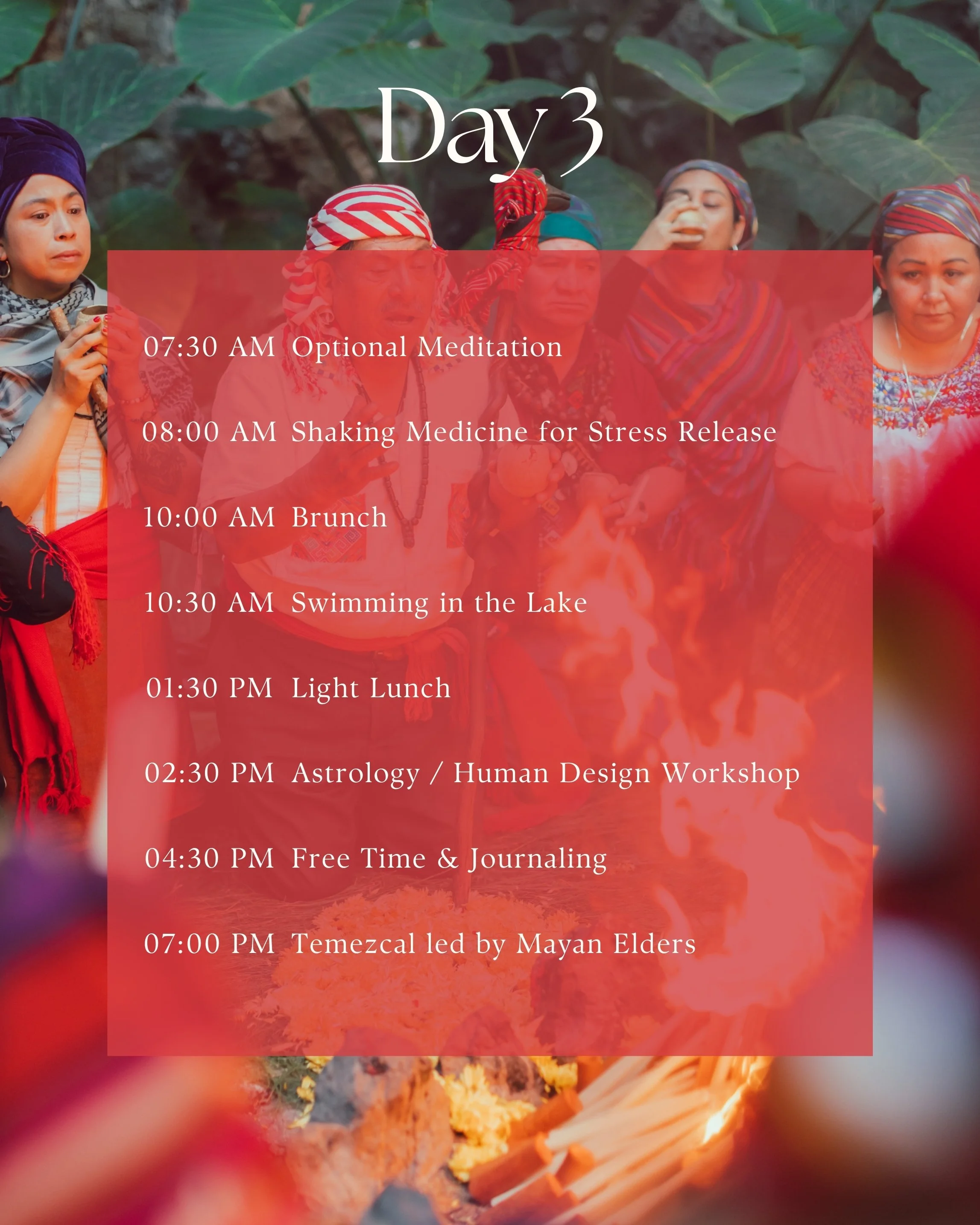 Schedule for Day 3 overlaid on a background image of people wearing traditional clothing, gathered around a fire in a natural setting with large green leaves.