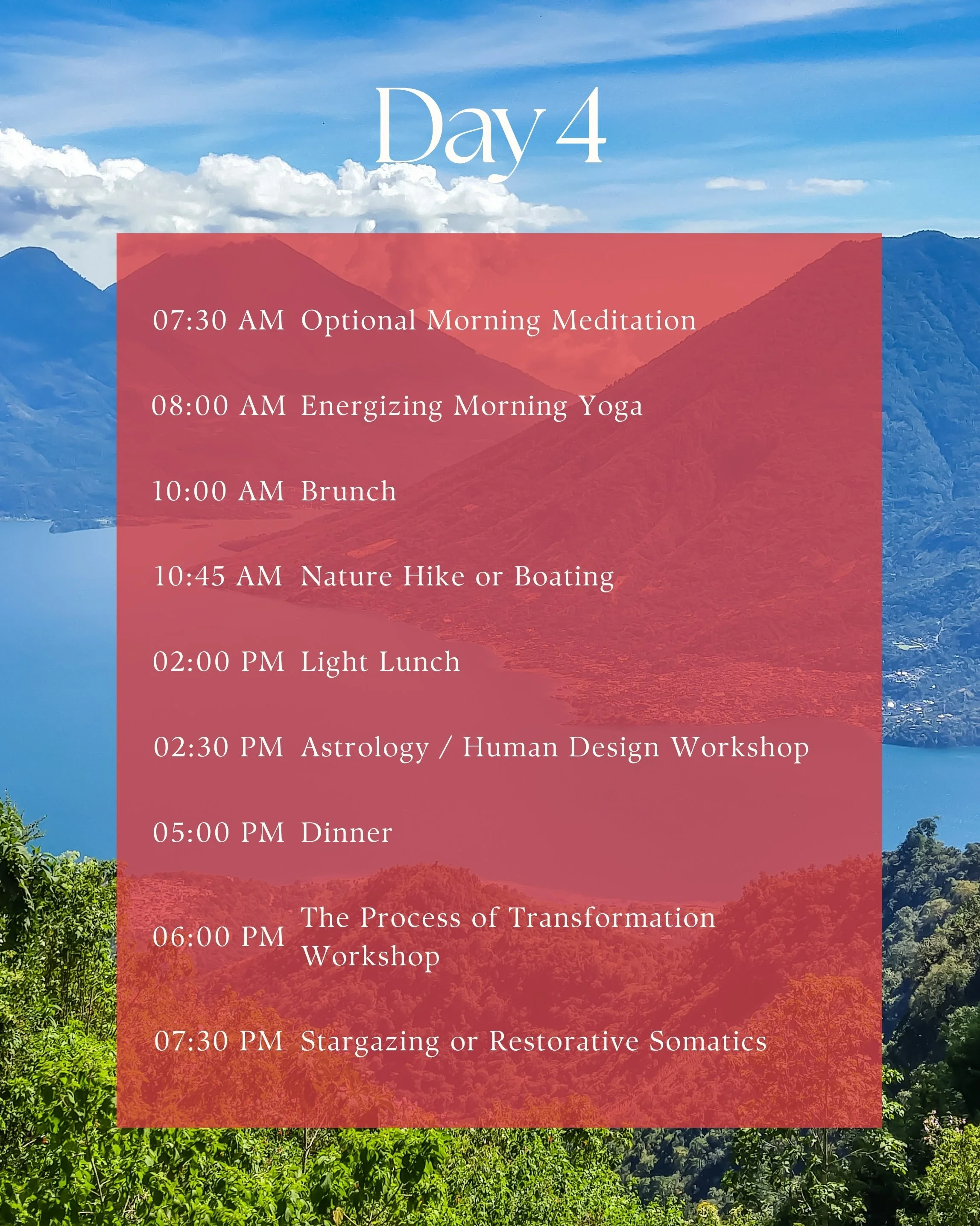 A schedule for Day 4 with activities listed from morning to evening, overlaying a scenic background of mountains, a lake, and trees, with a cloudy sky.
