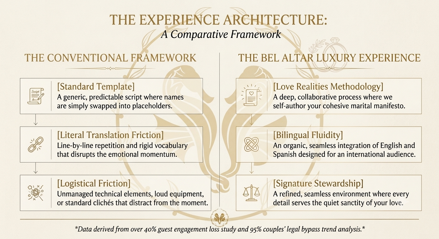 A high-end structural diagram mapping the core architectural differences between a conventional wedding officiant template and the bespoke Bel Altar bilingual experience for luxury destination weddings in Cartagena.