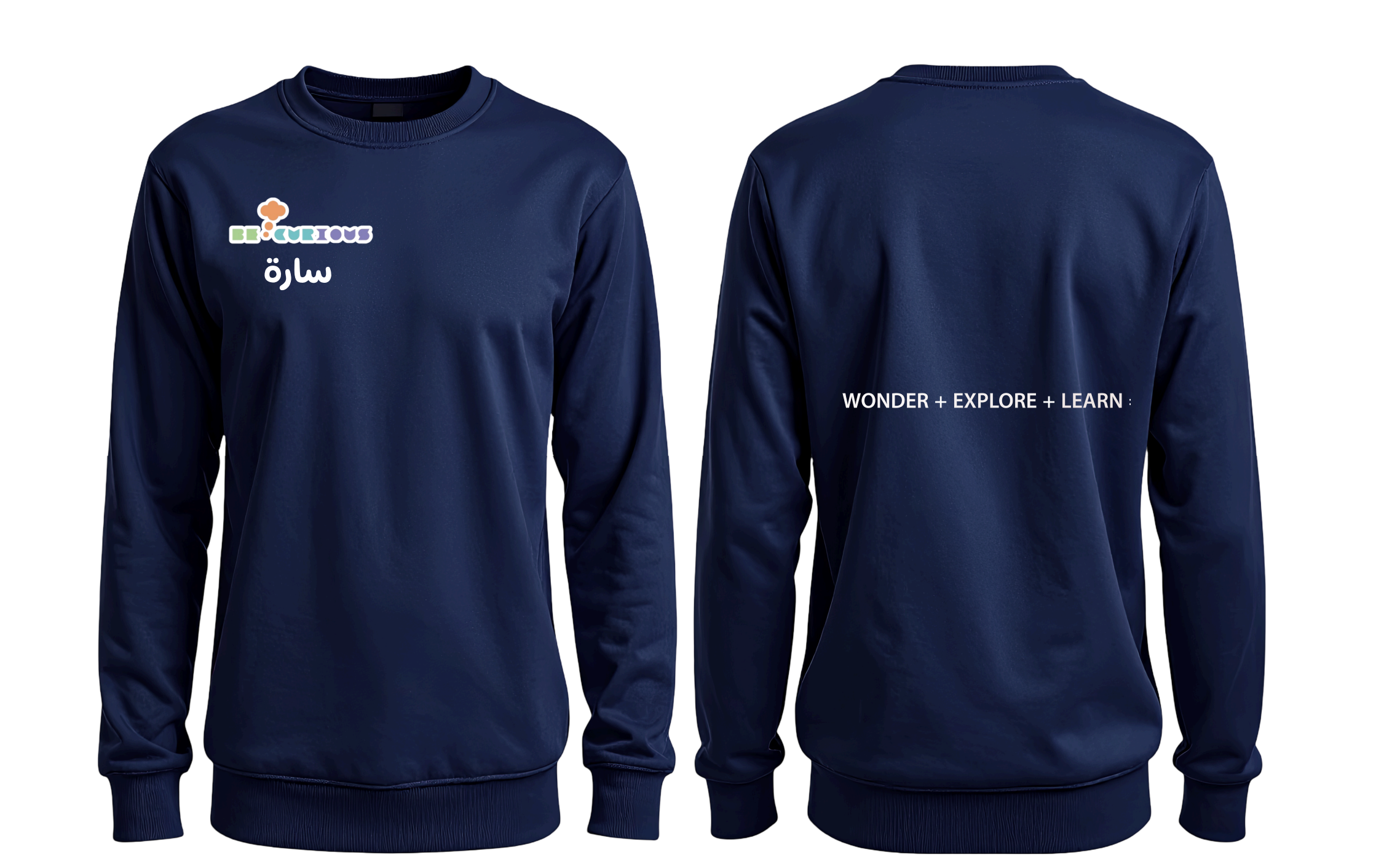 Blue sweatshirt with colorful logo and Arabic text on the front, and white text on the back reading "WONDER + EXPLORE + LEARN".