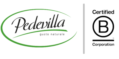 Logo Pedevilla con scritto 'gusto naturale' e certificato B Corporation.