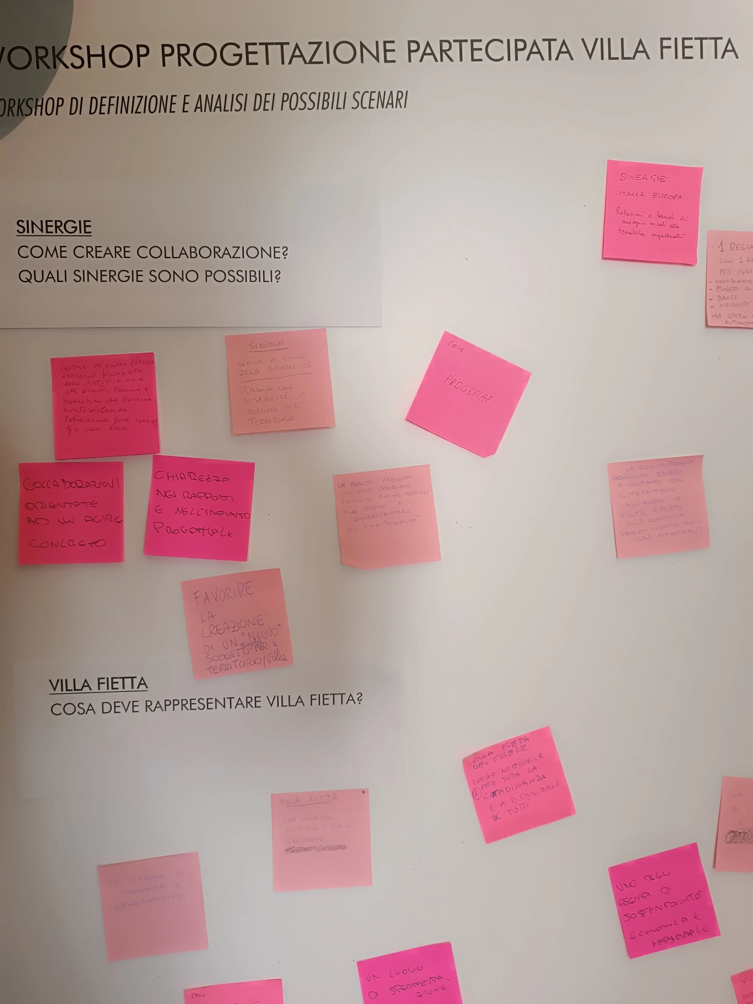 Parete bianca con adesivi rosa contenenti appunti scritti a mano, suddivisa in sezioni "Sinergie" e "Villa Fietta". La sezione "Sinergie" include domande su come creare collaborazione, mentre "Villa Fietta" chiede cosa debba rappresentare. Intestazione: "Workshop Progettazione Partecipata Villa Fietta."