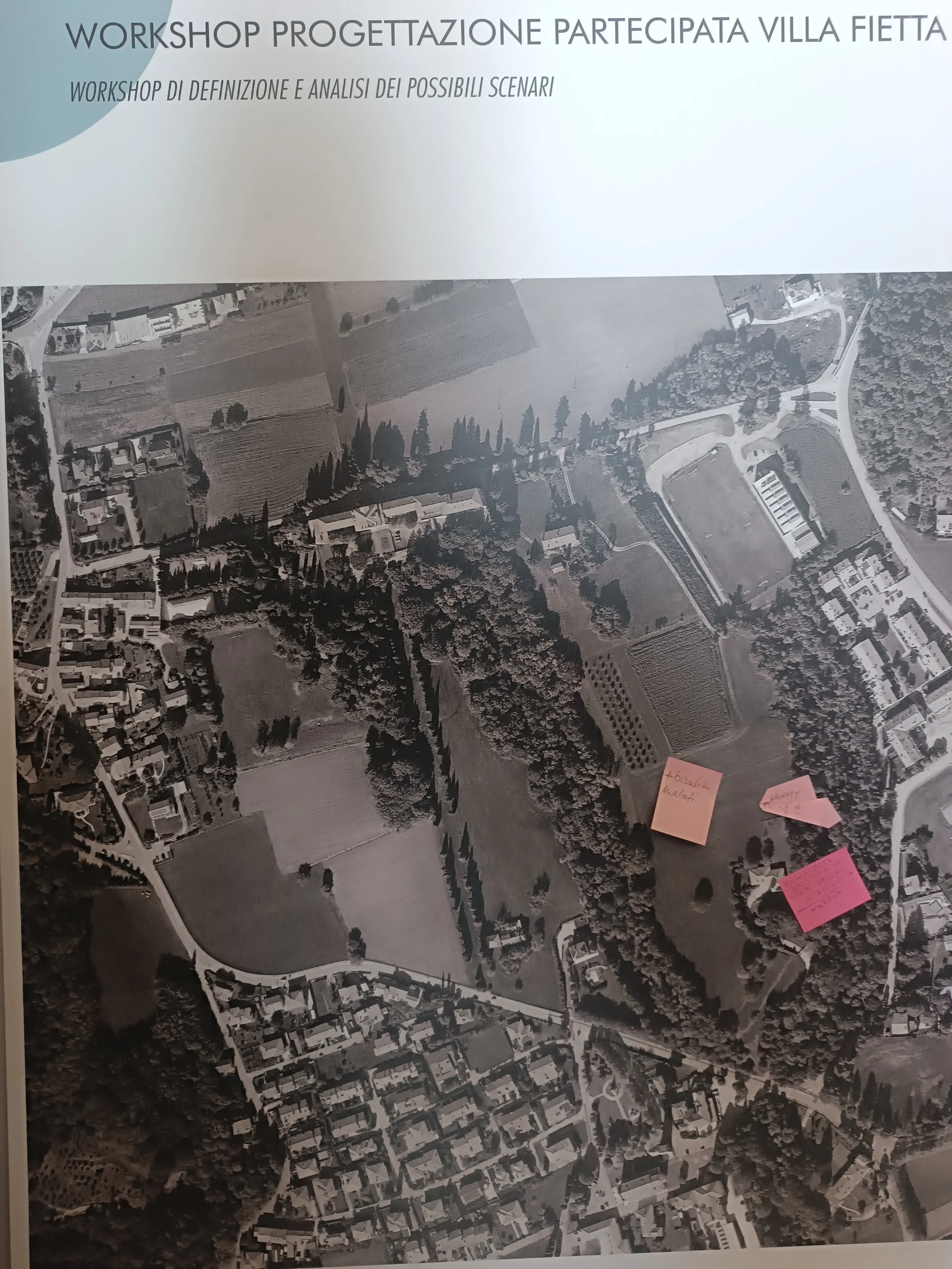 Immagine aerea in bianco e nero di un'area urbana con edifici e campi, con note adesive colorate applicate sopra. La parte superiore presenta il testo "Workshop Progettazione Partecipata Villa Fietta".