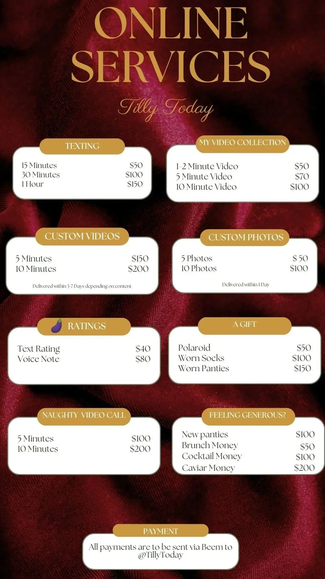 Pricing list for online services offered by Tilly Today, including texting, video collections, custom videos and photos, ratings, gifts, naughty video calls, and feeling generous options, with prices and delivery times.