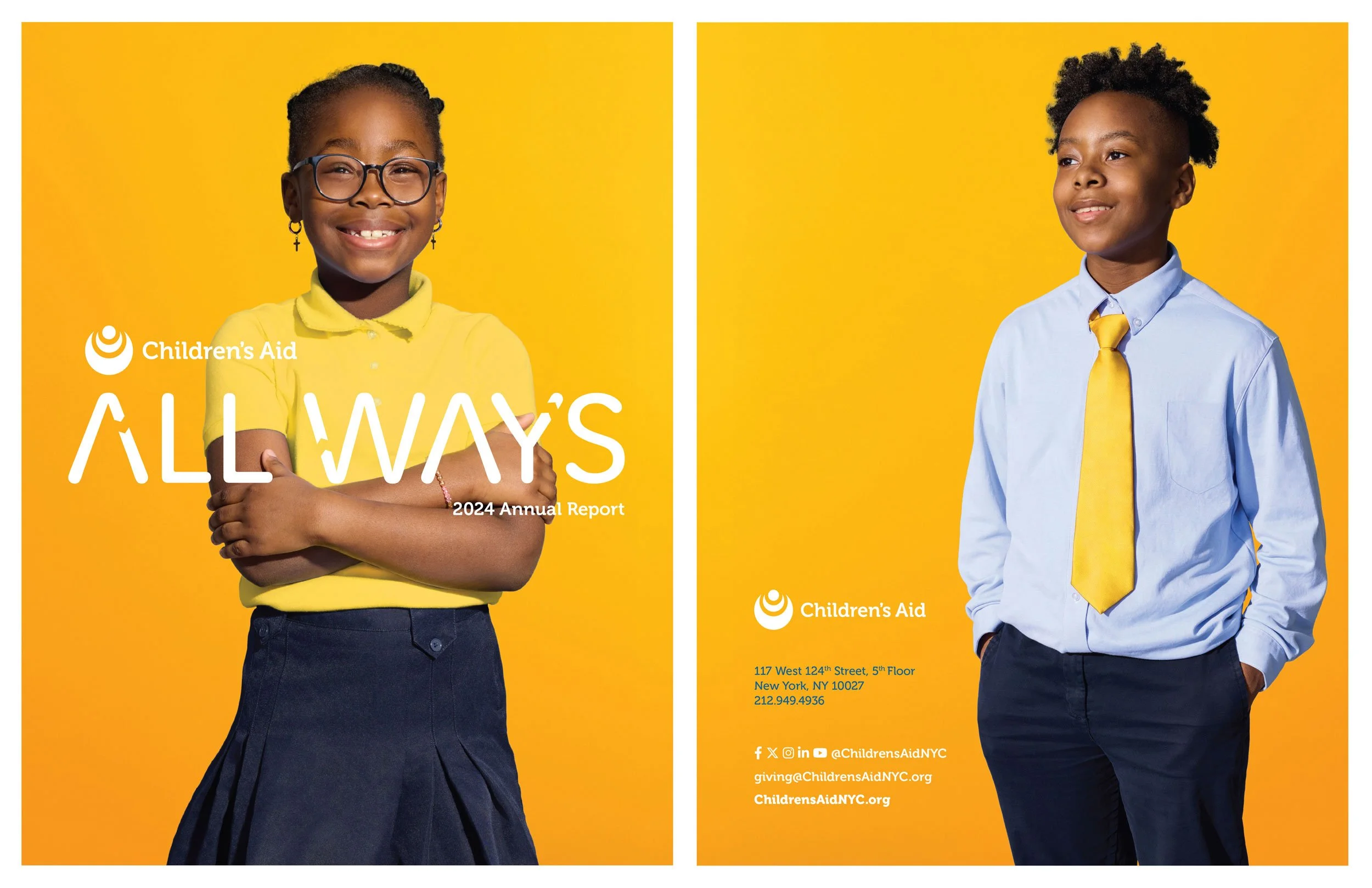 Front and back page for Annual Report of Children's Aid. Yellow background and smiling students.