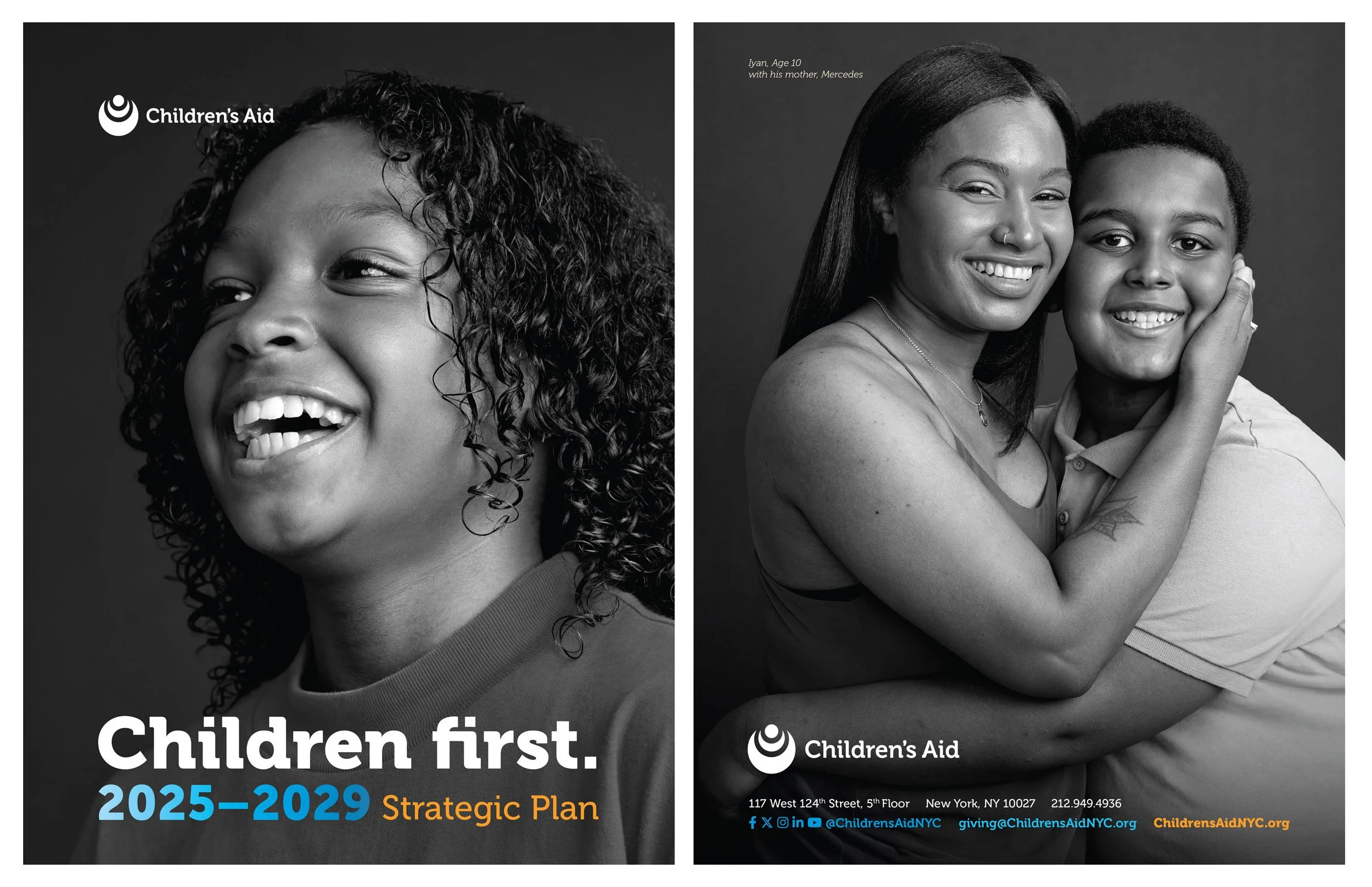 Front and back page for Children's Aid Strategic Plan Document. Black and white images of a young boy with bold text. Also an image of a mother and son embracing