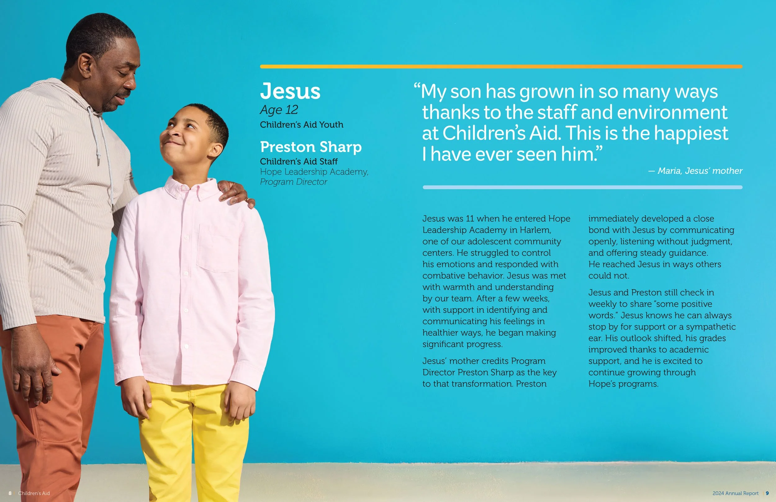 Mentor and young student looking at each other lovingly in front of a bright turquoise background with text