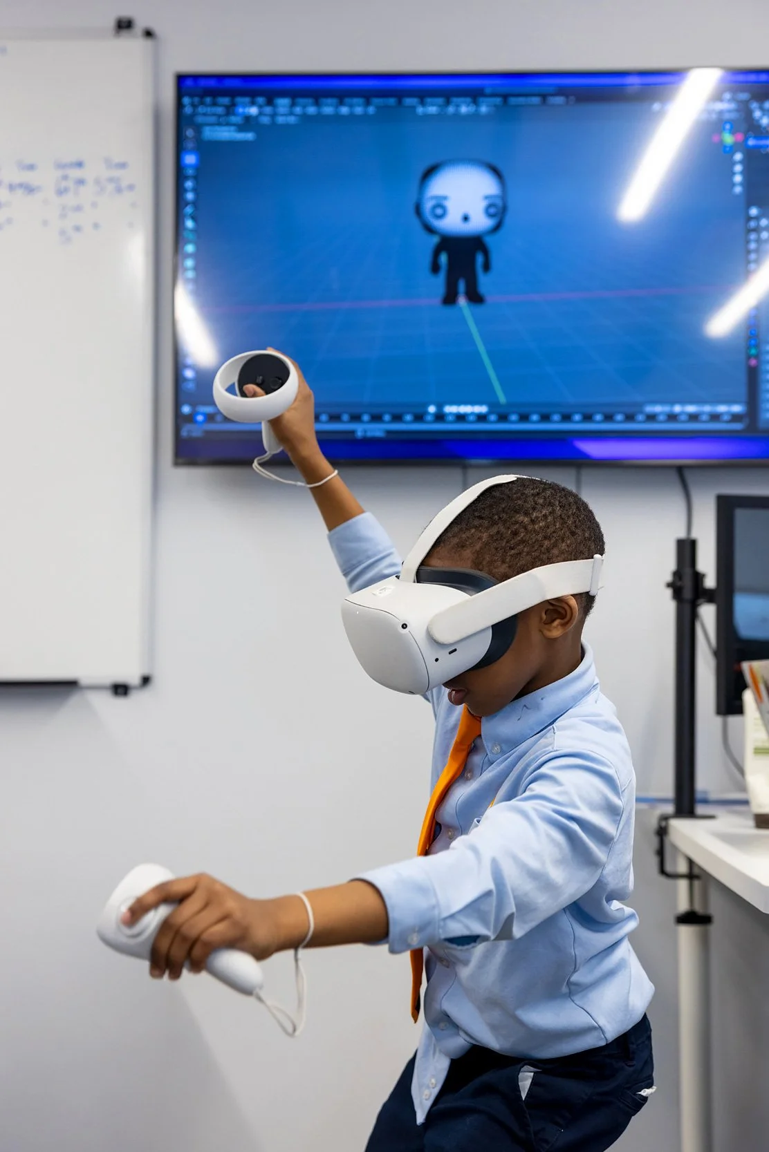 Student wearing VR headset participating in an interactive learning experience at school.
