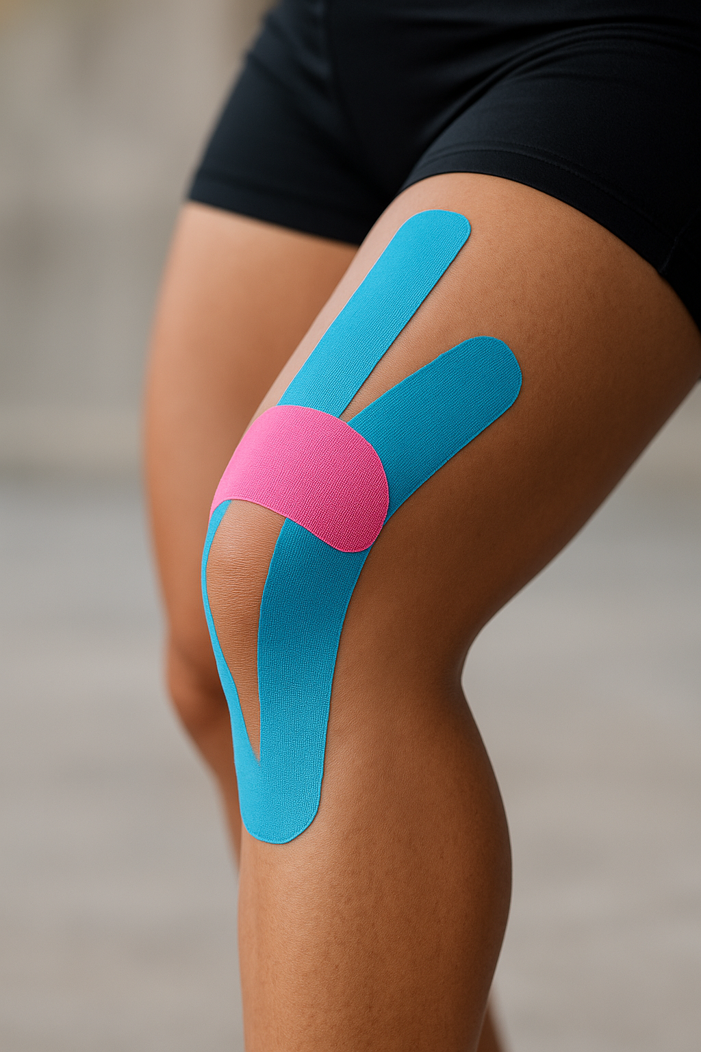 Close-up of a person's upper thigh with colorful kinesiology tape applied in a crisscross pattern.