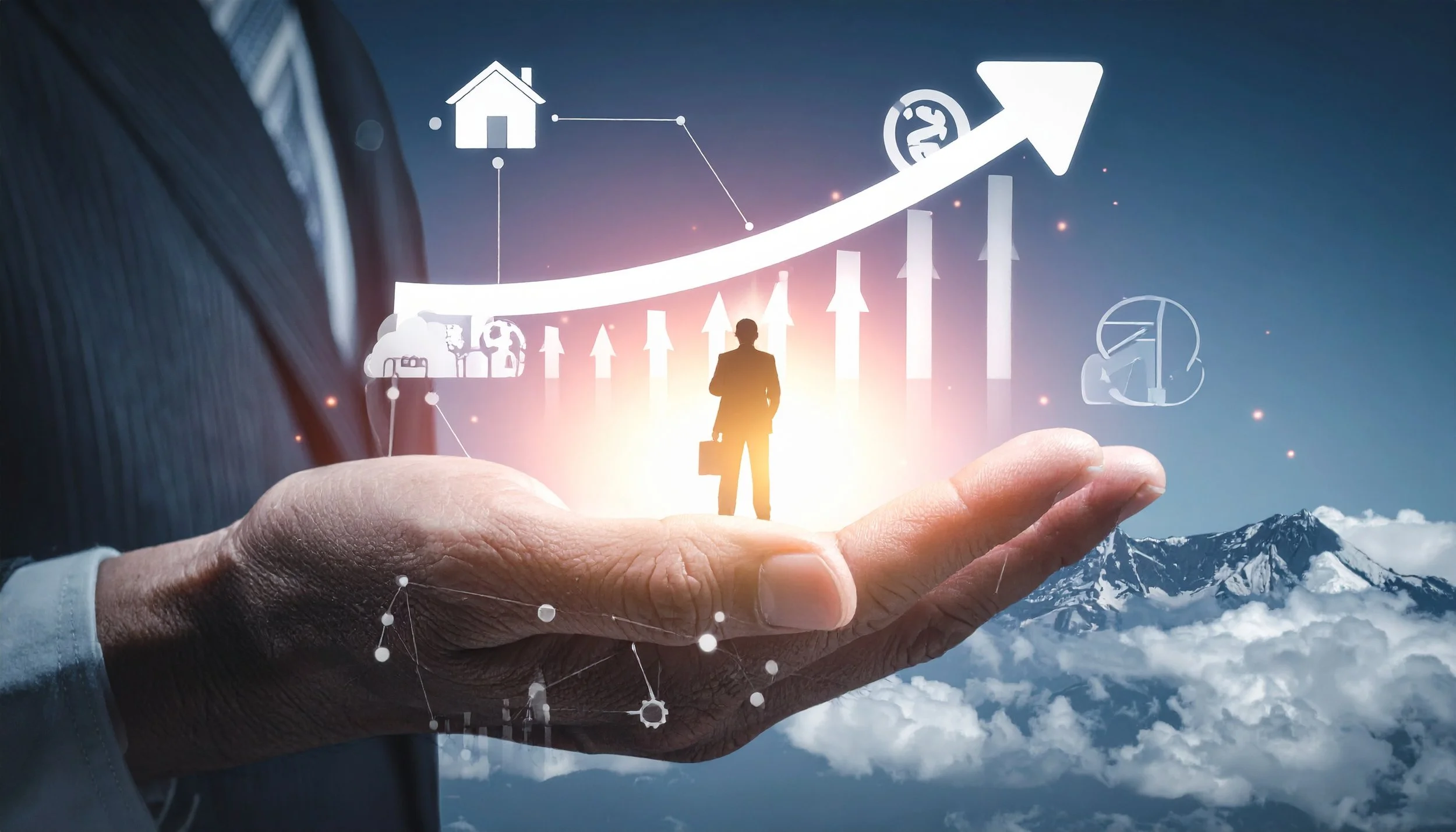 Digitele Symbole und ein Mensch auf einer Symbolhand - beispielhafte Wissenstranformation