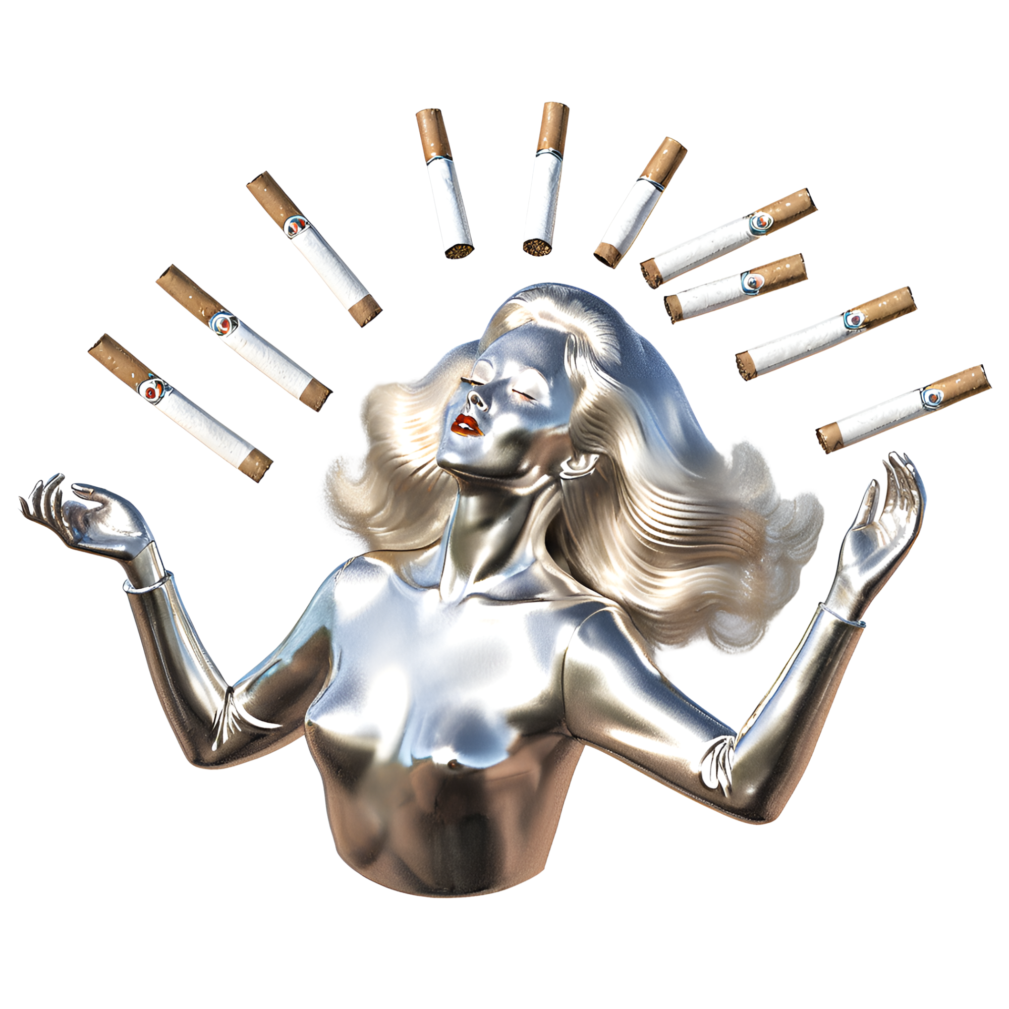 Silver statue of a stylized woman with flowing hair, surrounded by floating cigarettes. endless. chrome