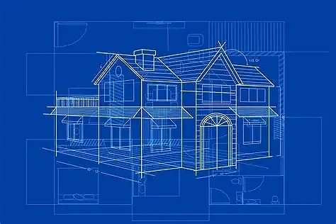 Blueprint drawing of a two-story house with detailed architectural lines and measurements.