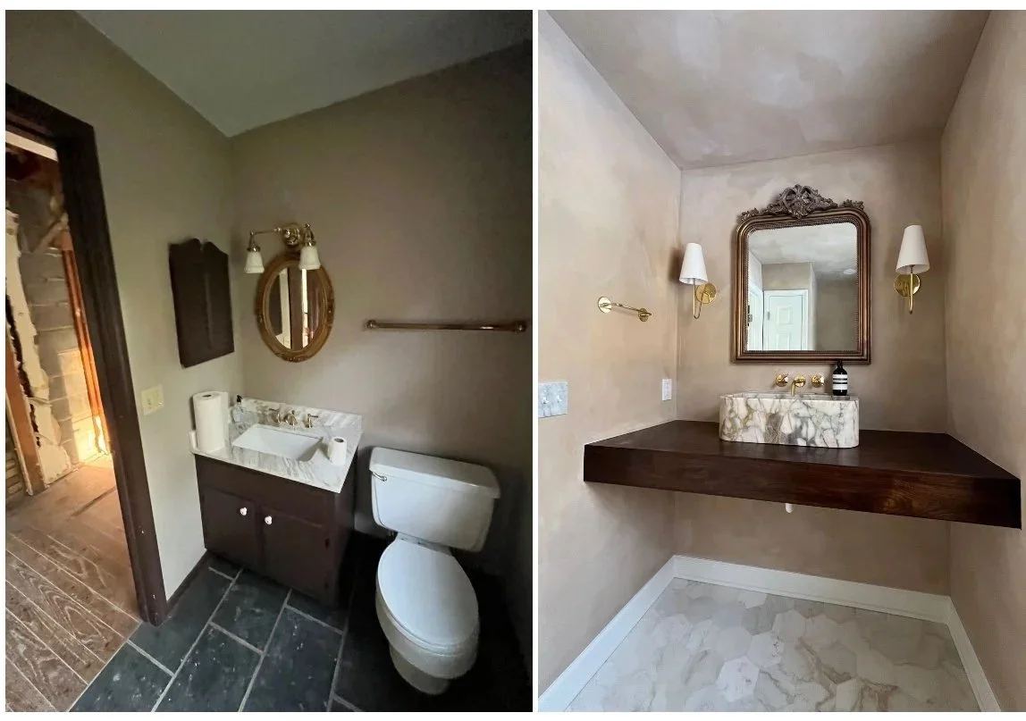 Comparison of two bathroom vanities: The left shows a basic bathroom with a small sink, mirror, and toilet, while the right features a luxurious vanity with a marble sink, ornate mirror, and decorative wall lamps.