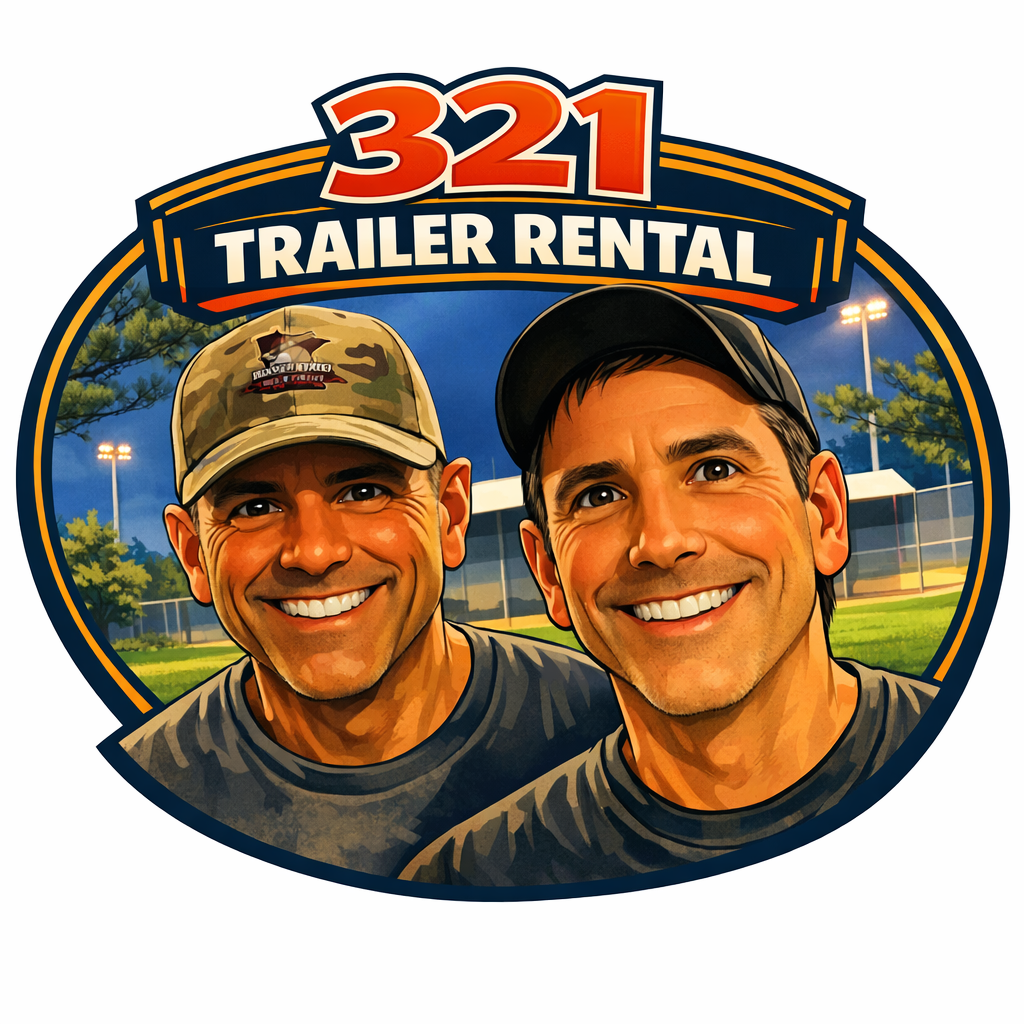 Logo for 321 Trailer Rental featuring a cartoon illustration of two smiling men in baseball caps in a baseball field during evening.
