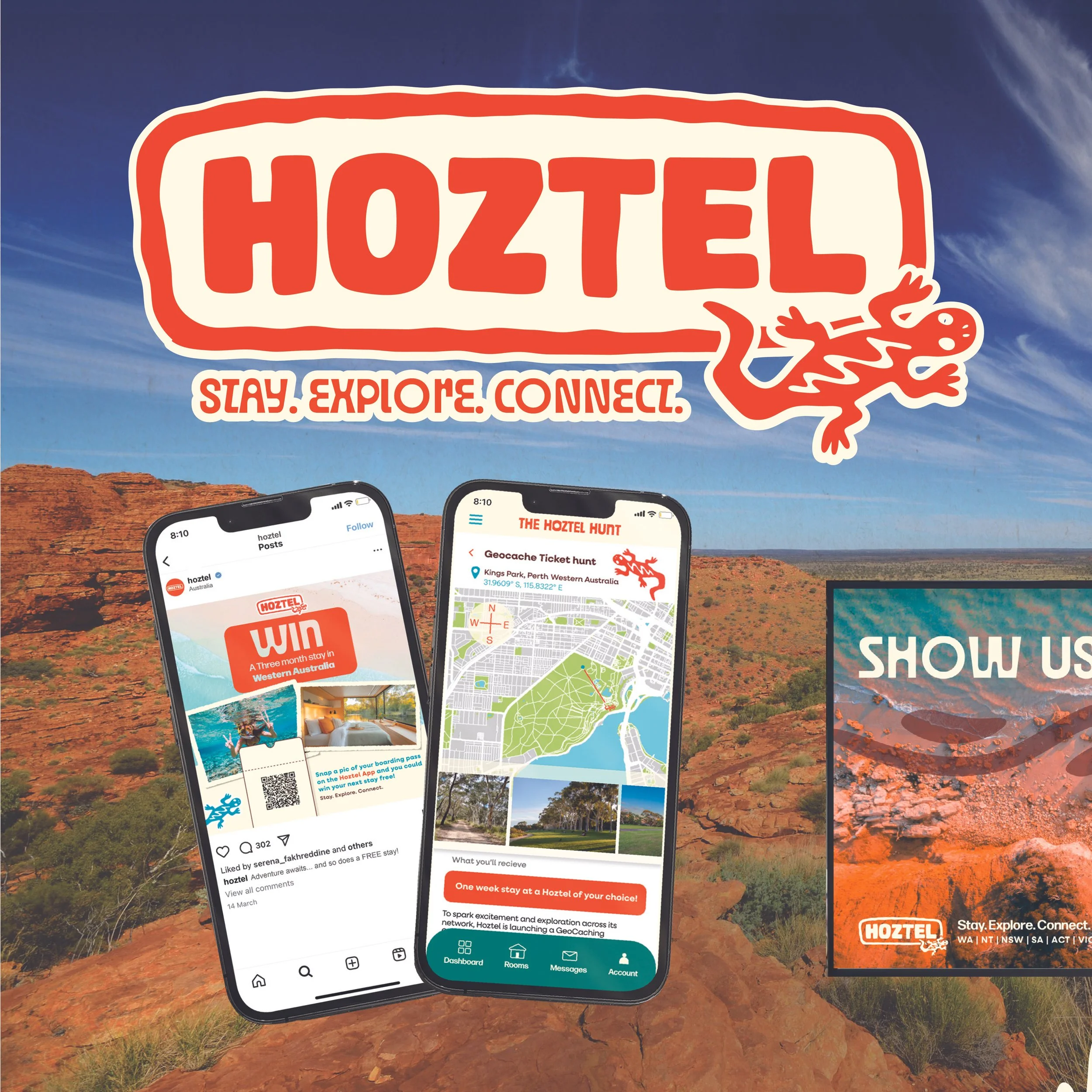 A promotional image for the hotel booking app 'Hoztel' featuring two smartphones displaying the app's interface. The background shows a scenic desert landscape with red rock formations and a clear sky. The app interface includes options for searching accommodations, viewing maps, and managing bookings, with promotional text encouraging staying, exploring, and connecting.