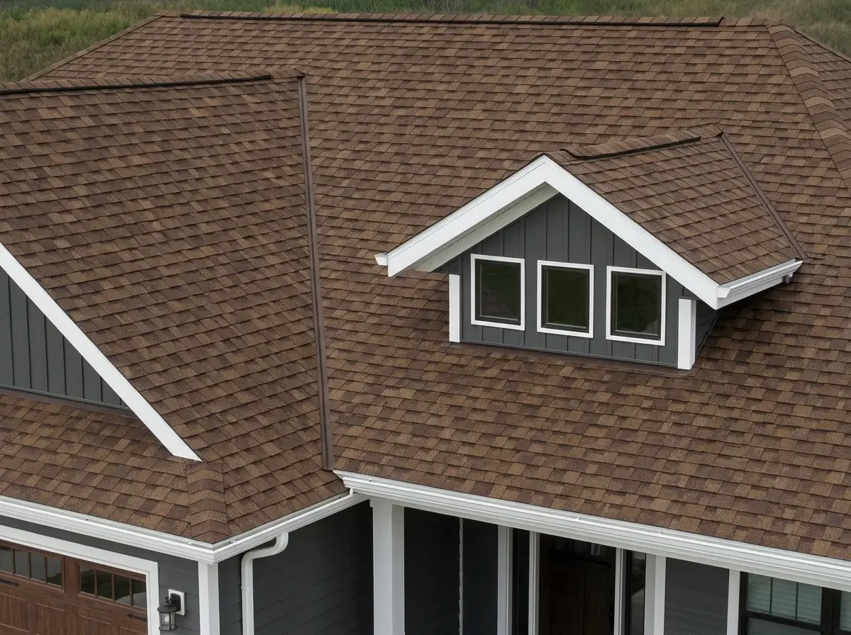 Close-up view of a high-quality brown architectural shingle roof replacement by Craig Fass Roofing in Homosassa, FL.