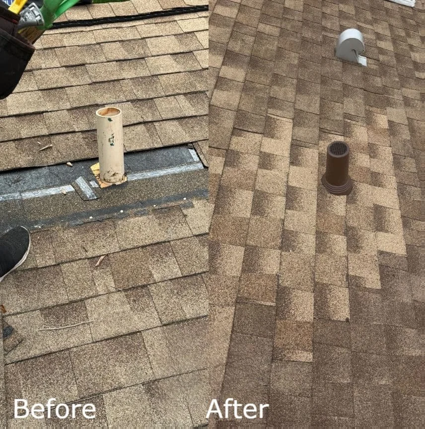 Before and after comparison of a roof vent pipe repair by Craig Fass Roofing in Sugarmill Woods, FL, showing an old white PVC pipe replaced with a newly sealed brown roof vent boot on fresh shingles.