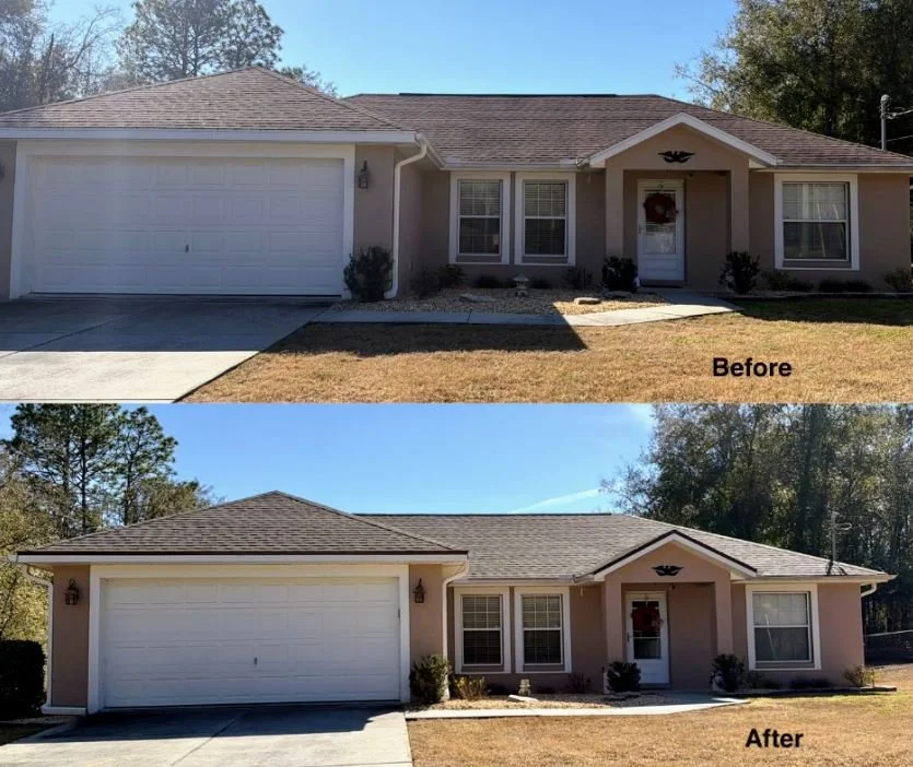 Before and After picture of a Roof leak repair on asphalt shingle roof in Homosassa Springs, Florida by Craig Fass Roofing.